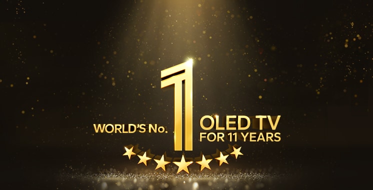 A gold emblem of World's number 1 OLED TV for 11 Years against a black backdrop. A spotlight shines on the emblem, and gold abstract stars fill the space.