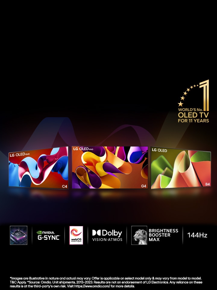 An image of the LG OLED lineup against a black backdrop standing in a triangle formation at angles with LG OLED G3 in the middle facing forward. Each TV shows a colorful and abstract artwork on screen. The "11 Years World's No.1 OLED TV" emblem is also in the image. 