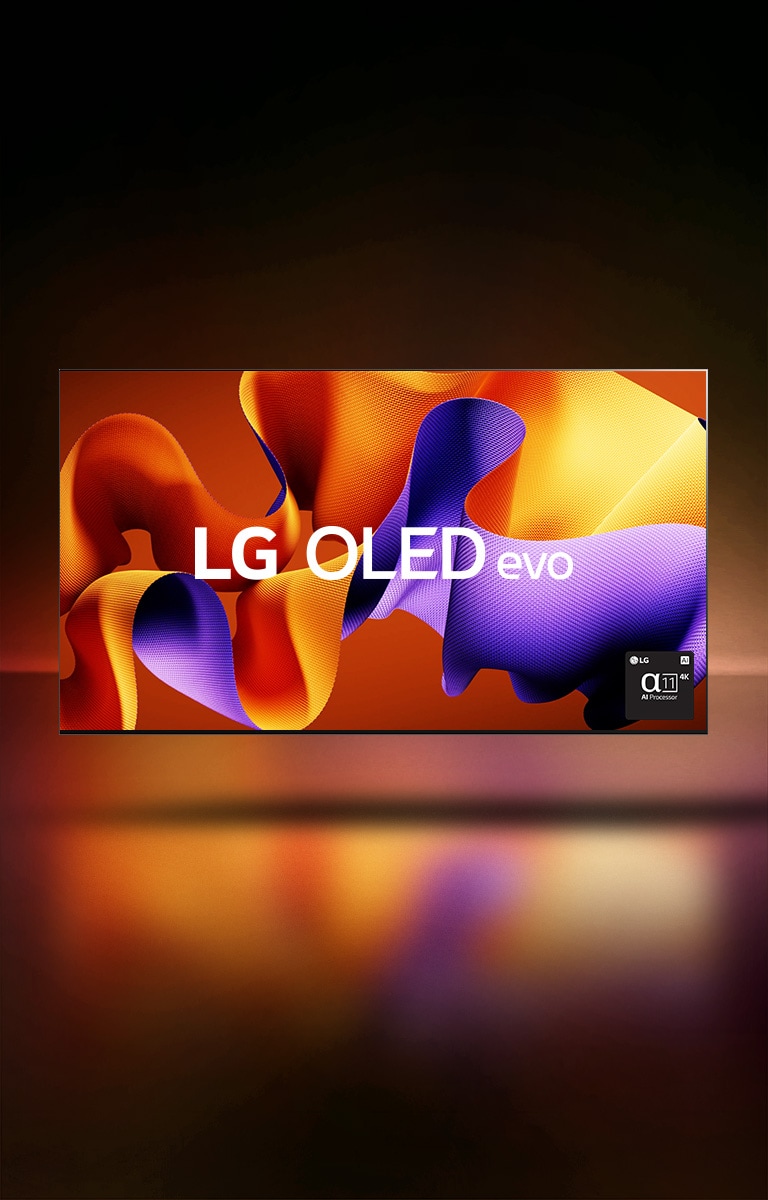 A video opens with 2013's Self Lit OLED and showcases other groundbreaking LG OLED models: the 2017 Wallpaper TV, 2020's rollable LG OLED R, 2022's LG OLED Posé, and ends with 2024's LG OLED evo, which displays a purple and orange abstract artwork, the text &quot;LG OLED evo,&quot; and the alpha 11 AI Processor logo. The colors reflect from the screen onto the floor.