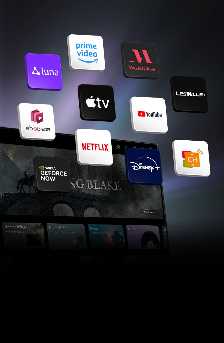 La pantalla webOS de LG TV está de fondo y 11 bloques flotan sobre ella. Cada bloque tiene una imagen de logotipo de Luna, Prime Video, Master Class, Les Mills, YouTube, Apple TV plus, Shoptime, Netflix, Disney plus, GeForce NOW y canales LG.