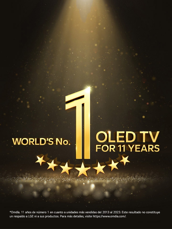 Un emblema dorado de la OLED TV número 1 del mundo durante 11 años sobre un fondo negro. Un foco brilla sobre el emblema y estrellas abstractas doradas llenan el espacio.