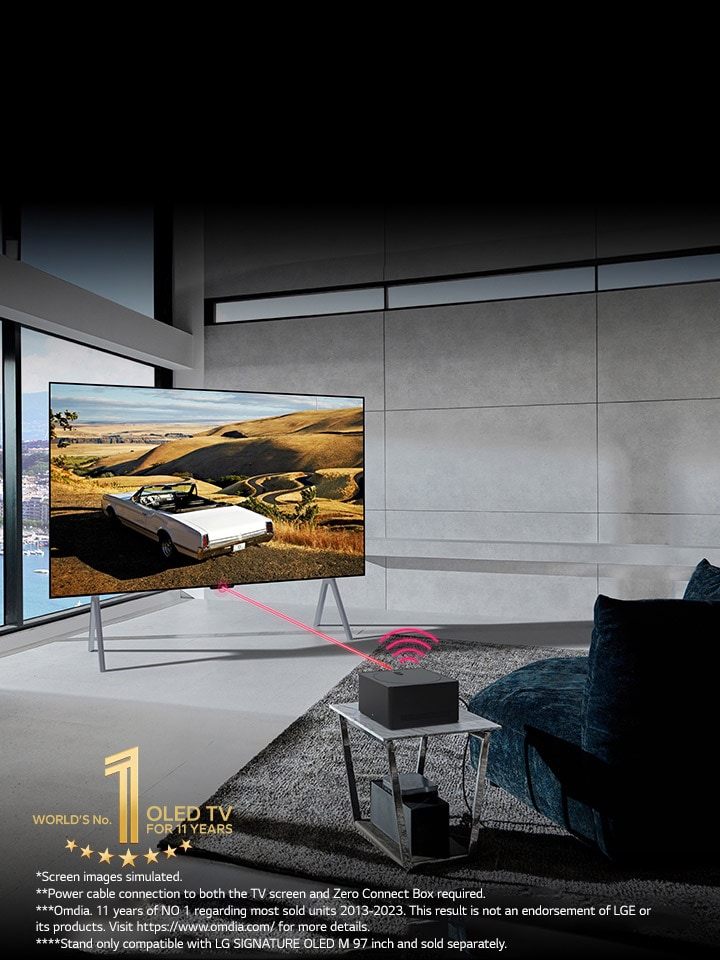 In a modern living space, LG OLED TV is on a stand and a Zero Connect Box is placed on a table in front with devices tucked underneath. A red Wi-Fi signal and red beam emit towards the TV screen. The gold World's number 1 OLED TV for 11 Years emblem is at the bottom.