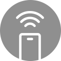 Remote control icon with three WiFi signals indicating wireless connectivity on a grey background. Smartphone emitting Wi-Fi signals in the centre of a red circular background, indicating wireless connectivity.