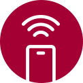 Remote control icon with three WiFi signals indicating wireless connectivity on a grey background. Smartphone emitting Wi-Fi signals in the centre of a red circular background, indicating wireless connectivity.