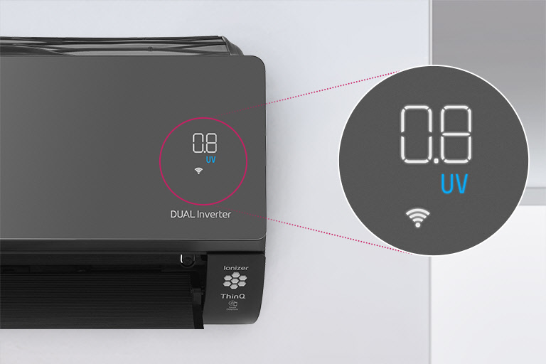 LG Dual Inverter air conditioner displaying "0.8 UV" and Wi-Fi symbol on its front panel with a magnified view.