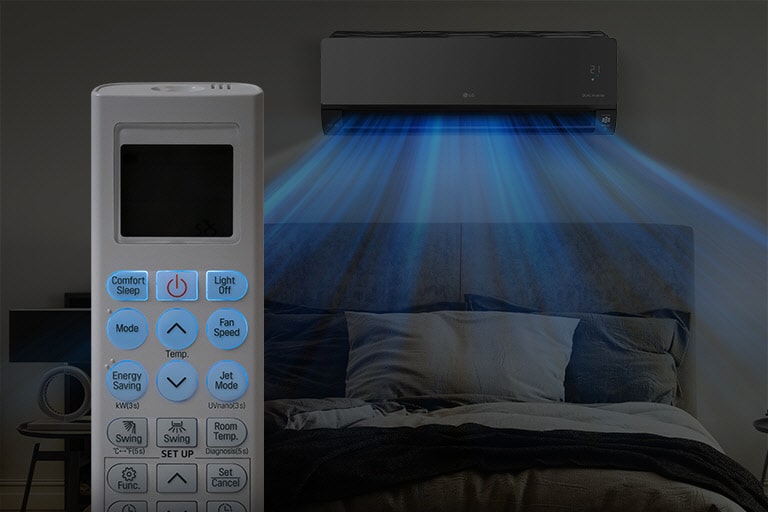 LG air conditioner cooling a bedroom, blue airflow directed at bed, remote control displaying settings in foreground.