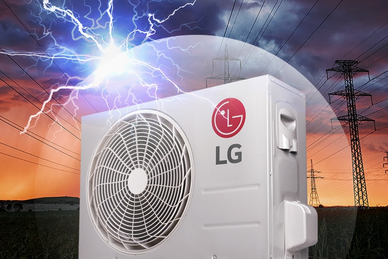 LG air conditioner unit in a field with power lines and a lightning storm in the evening sky.