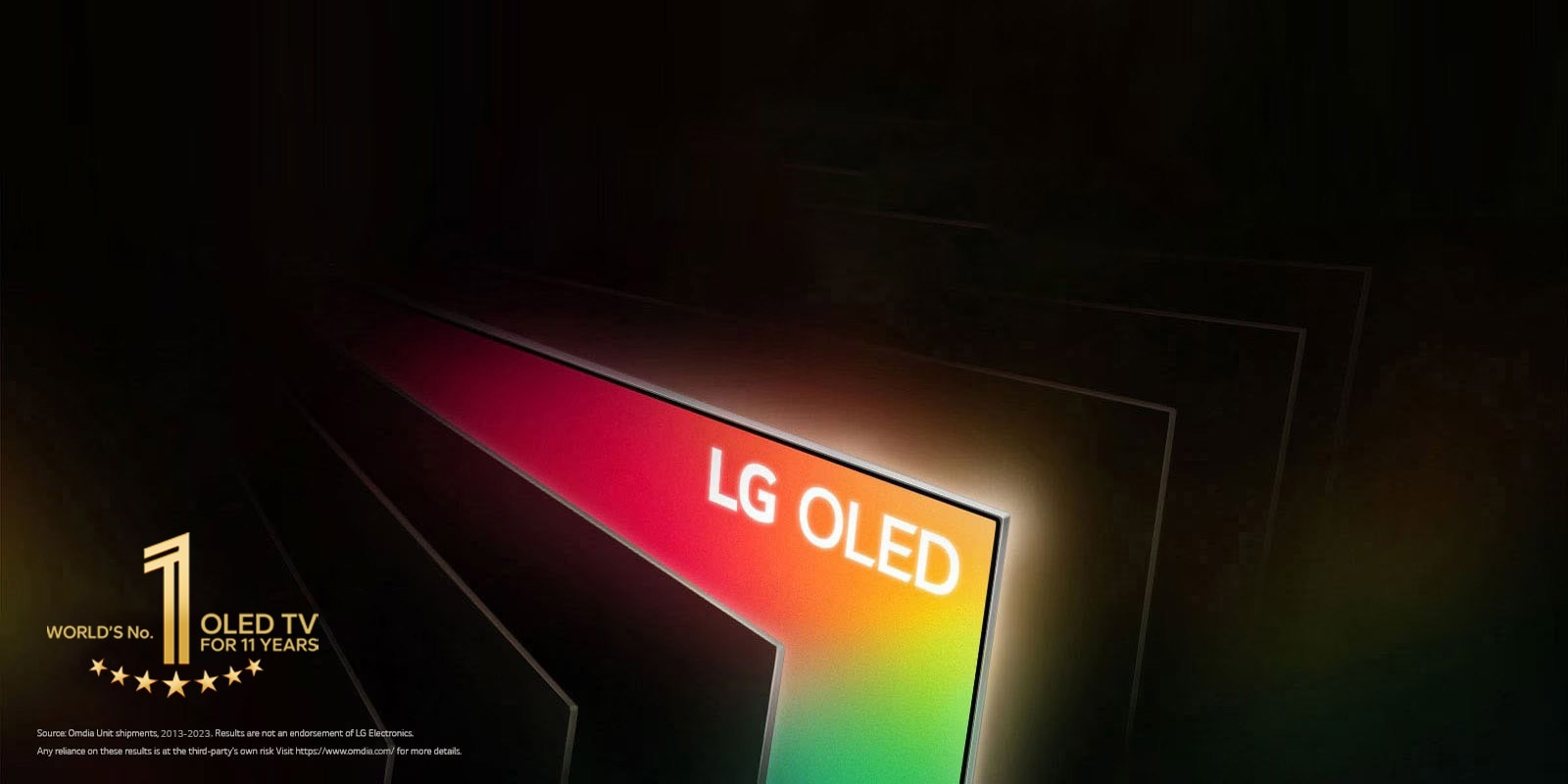 An angled bird's eye view of a row of televisions spanned out like the pages of a book. All the televisions are black, except one filled with bright colors and the words "LG OLED."