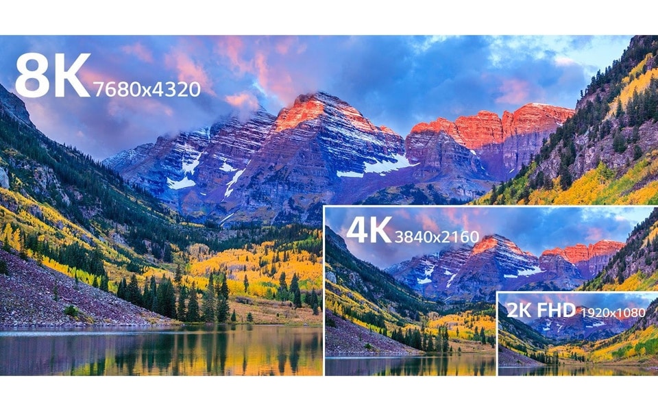 2K Full HD TV, 4K TV ja 8K TV pildikvaliteedi võrdlus.