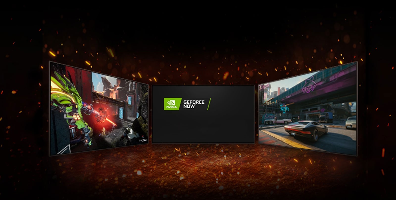 Attēloti trīs televizori. Ekrāna vidū pa diagonāli novietoti divi logotipi — NVIDIA GeFORCE NOW un STADIA. Kreisajā televizorā redzama spēle Splitgate, savukārt labajā televizorā — Cyberpunk 2077.  