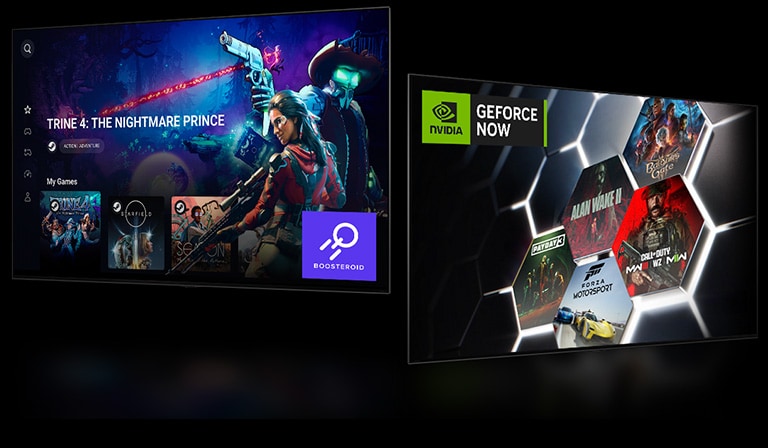 Boosteroid sākuma ekrāna attēls ar "Trine 4: The Nightmare Price". GeForce NOW sākuma ekrāns ar 5 dažādu spēļu ikonām pa labi.