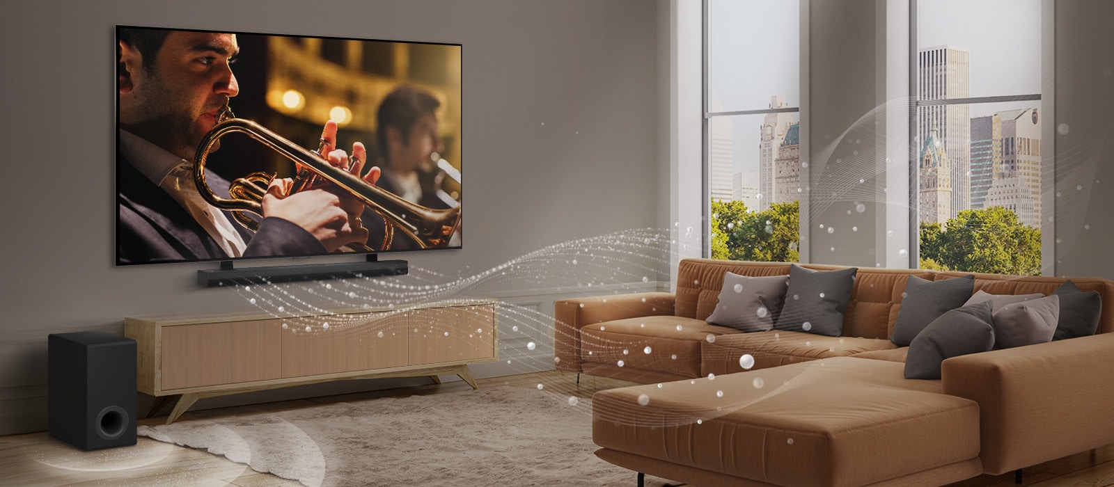 An LG Soundbar, LG TV, and subwoofer are in a modern city apartment. The LG Soundbar emits three branches of soundwaves, made of white droplets that float along the bottom of the floor. Next to the Soundbar is a subwoofer, creating a sound effect from the bottom. 