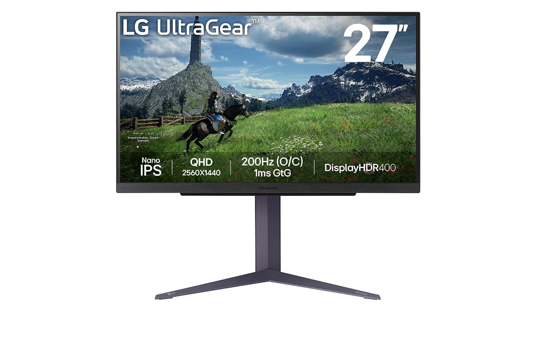 LG 27 collu UltraGear™ QHD Nano IPS 180Hz (O/C 200Hz) spēļu monitors | 1ms (GtG), DisplayHDR™ 400, skats no priekšpuses, 27GS85Q-B