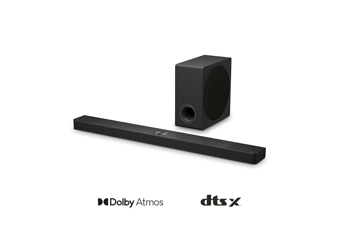 LG 570W, 5.1.3 kanālu S90TY LG Soundbar skaņas sistēma ar Dolby Atmos, LG Soundbar S90TY un pastiprinātājs leņķa skatā, S90TY