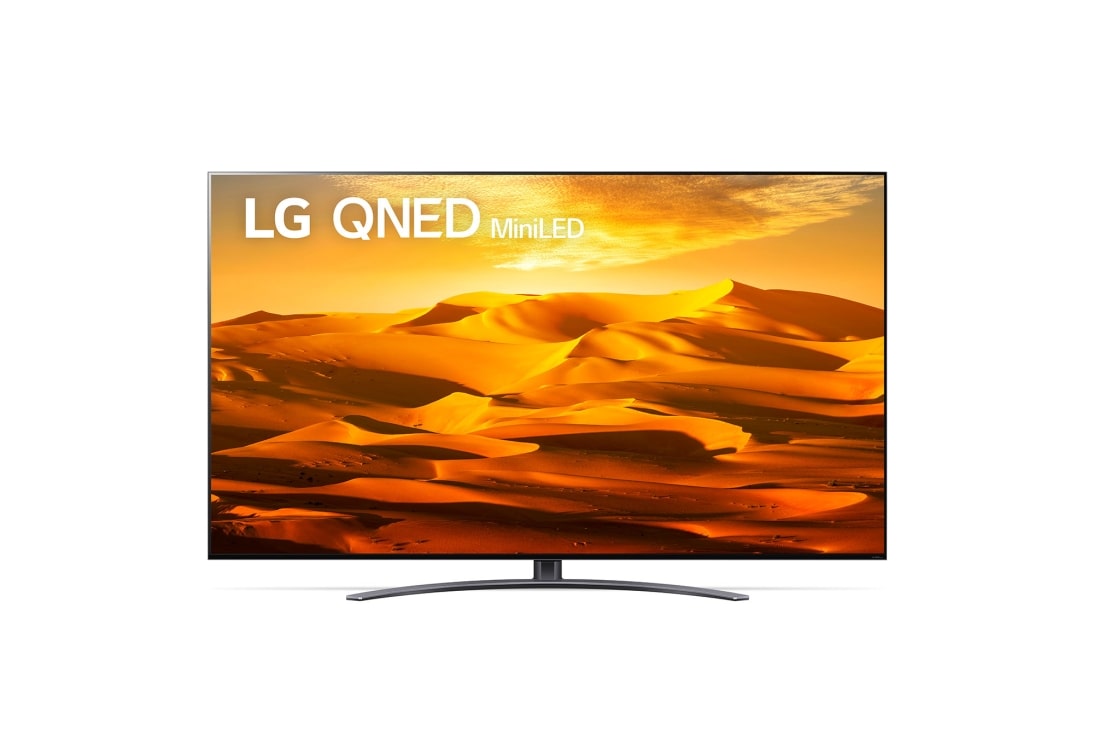 LG 86 collu QNED UHD televizors 86QNED91, Skats no priekšpuses uz LG QNED TV ar aizpildošo attēlu un produkta logotipu, 86QNED913QA