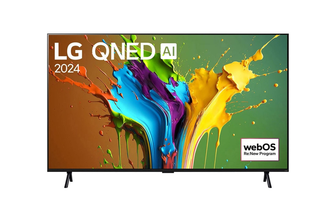 LG 98 collu LG QNED AI 4K viedtelevizors QNED89 WebOS24 2024, LG QNED TV, QNED89 priekšējais skats ar LG QNED, 2024 tekstu un webOS Re:New Program logotipu ekrānā, 98QNED89T6A