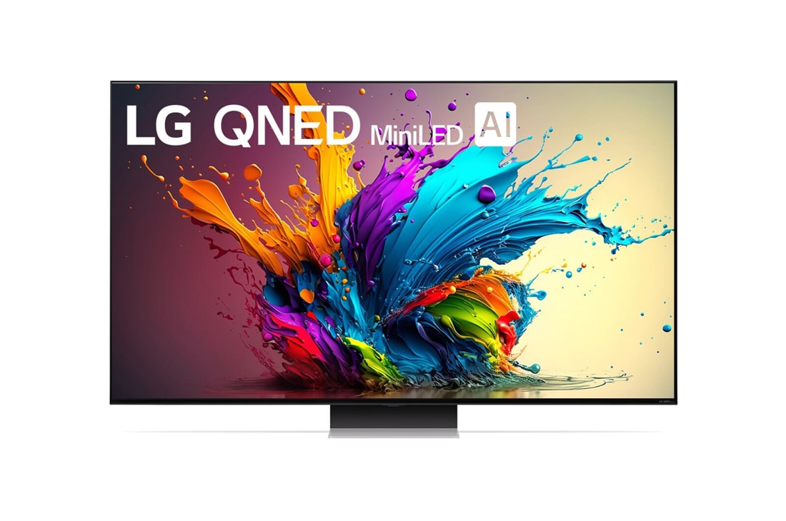 LG 4K телевизор Smart TV 86'' LG QNED MiniLED AI 86QNED91T6A, Вид спереди на телевизор LG QNED, QNED90 с текстом LG QNED MiniLED, 2024 и логотипом webOS Re:New Program на экране, 86QNED91T6A