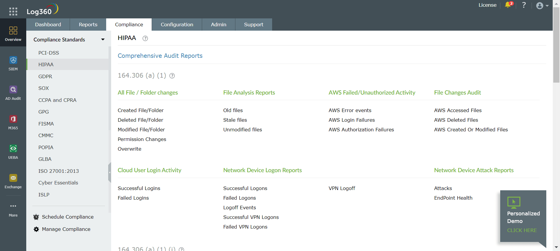 Log360 dashboard displaying comprehensive audit reports for HIPAA compliance.