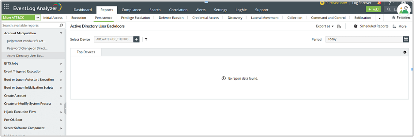 Active Directory User Backdoor MITRE ATT&CK report in Log360