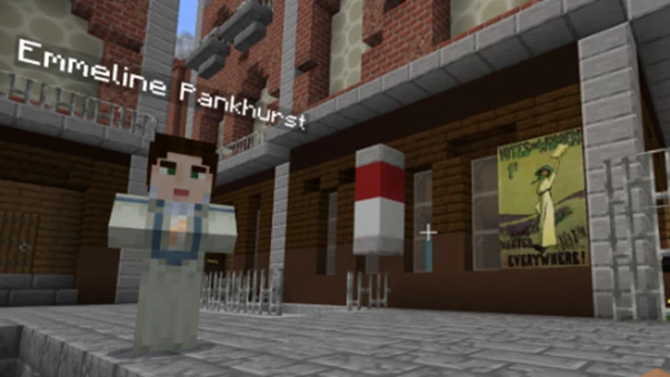 Minecraft block version of activist Emmaline Pankhurst on a street in Victorian Britain.