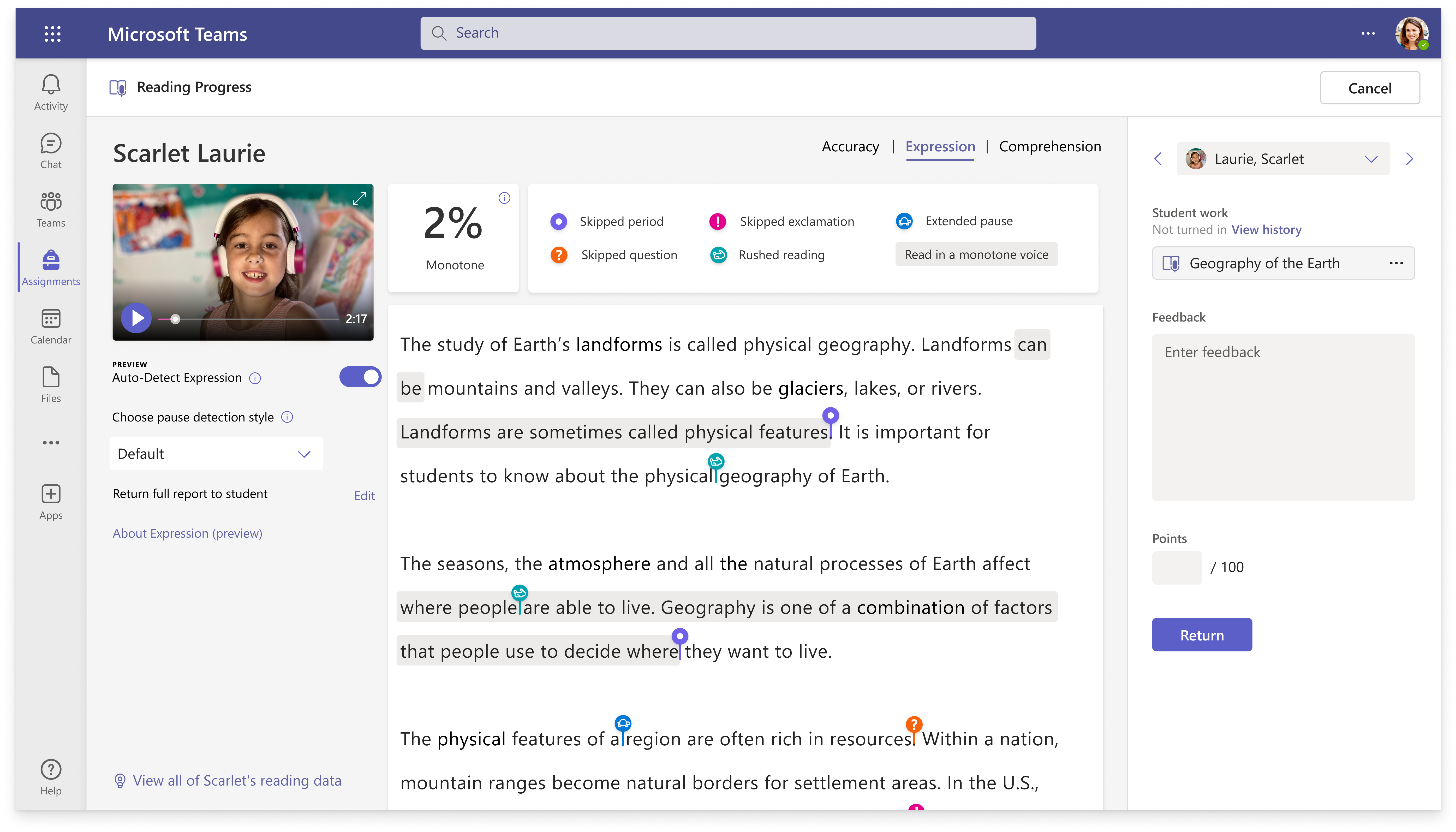 A teacher’s view of a student’s reading report in Reading Progress. It reports reading accuracy, expression, and comprehension.