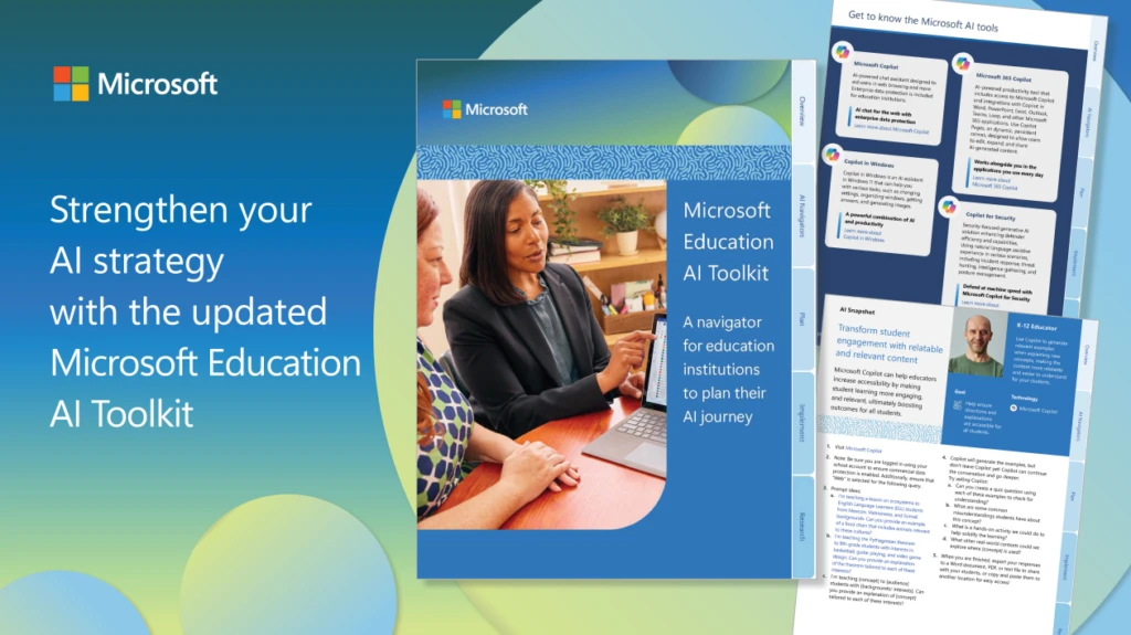 Decorative. Featured pages from the Microsoft Education AI Toolkit PDF. The image is framed by graphic elements and the Microsoft logo.