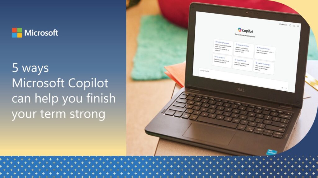 An open laptop sits on a desk in a classroom and the screen shows Microsoft Copilot. The image is framed by graphic elements and the Microsoft logo.