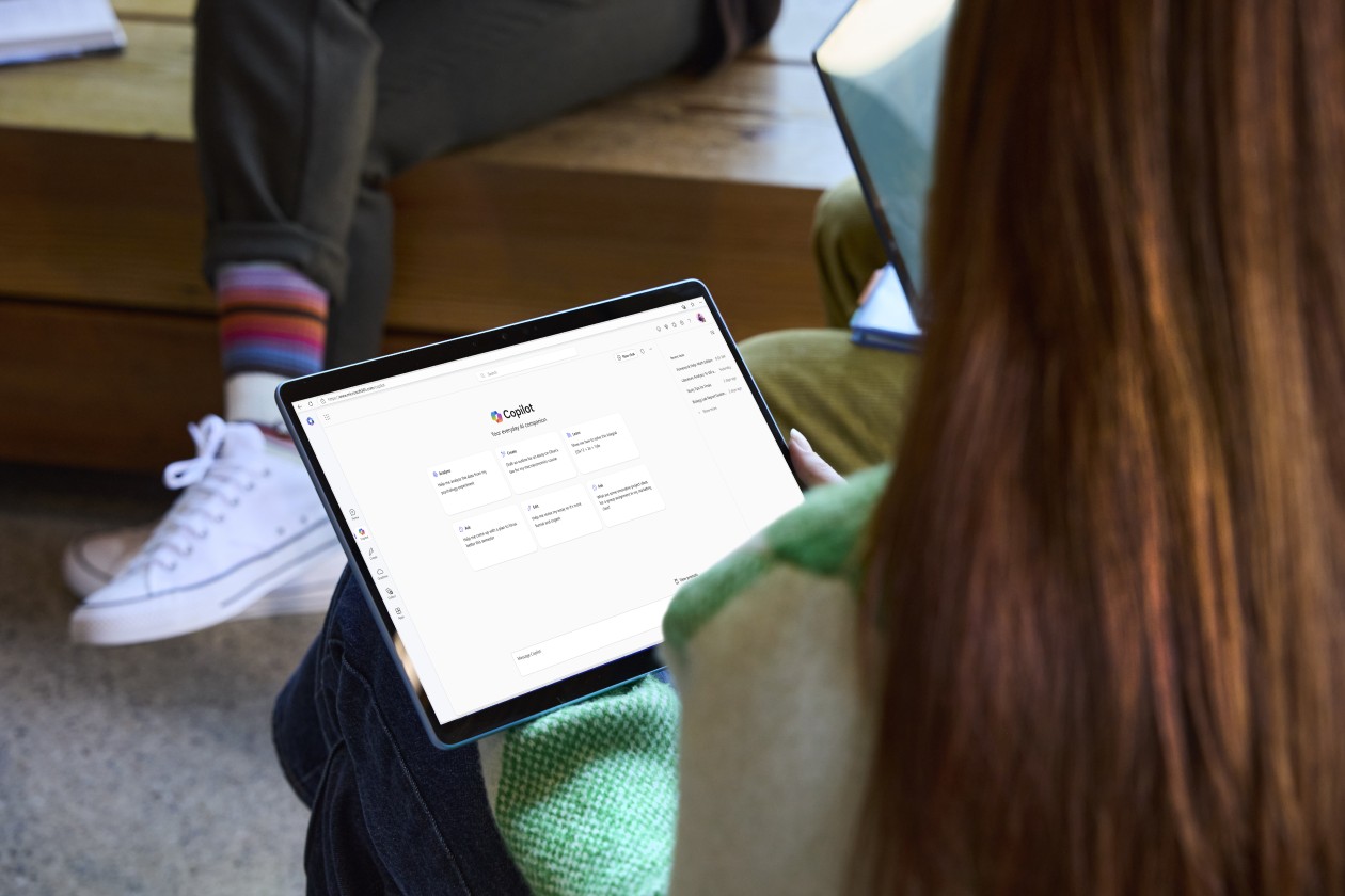 A higher education student using Microsoft Copilot on a tablet device.