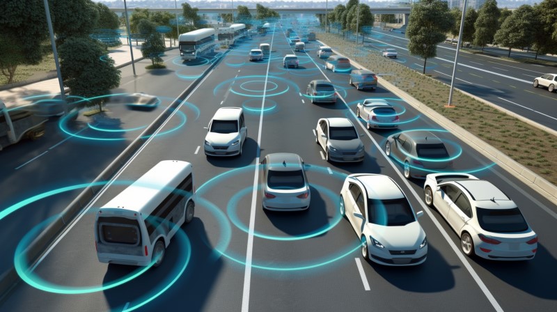 Digital image of vehicles on road with depiction of automatic safe distance keeping.