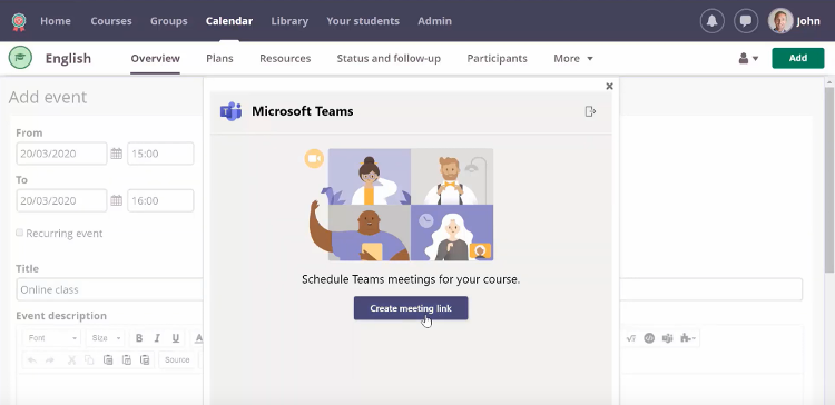 Image showing the option to create a Teams meeting link in itsLearning.