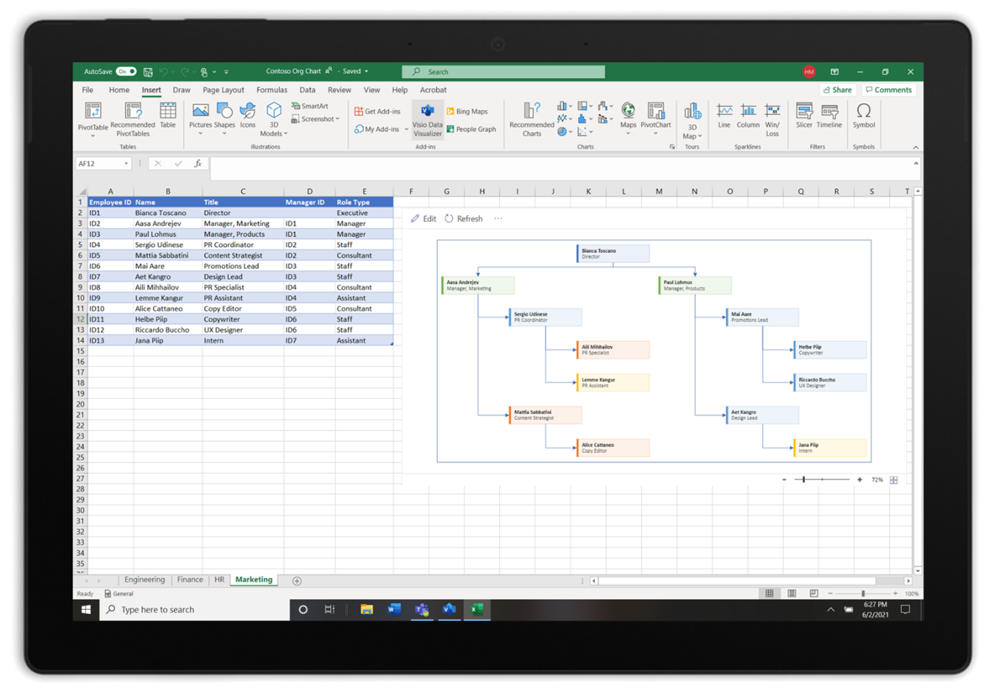 Org chart in Excel created with the Visio Data Visualizer add-in