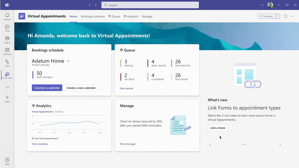 In the Virtual Appointments app, a user sees the Home screen which provides a quick view of appointment analytics, queue and schedules. Then the user clicks on Bookings Schedule and see a calendar of scheduled appointments, and clicks “New Booking” to schedule a new appointment. 