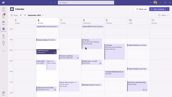 In the Teams calendar, the user is clicking “+ New Meeting,” hovering over “Meeting templates” and selecting “Client call.”