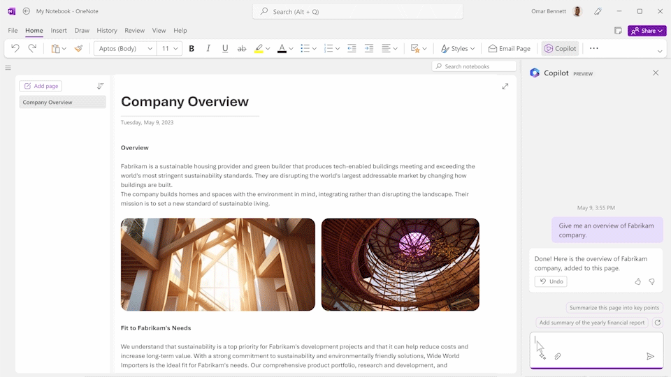 A GIF showing the ability to leverage Copilot in OneNote, typing what you need into the chat pane, such as to bring in notes and summarize the notes on a new page in OneNote. 