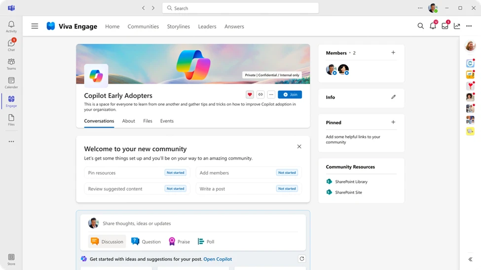 The new pre-seeded Copilot community comes with an onboarding checklist, dynamic membership, and content recommendations