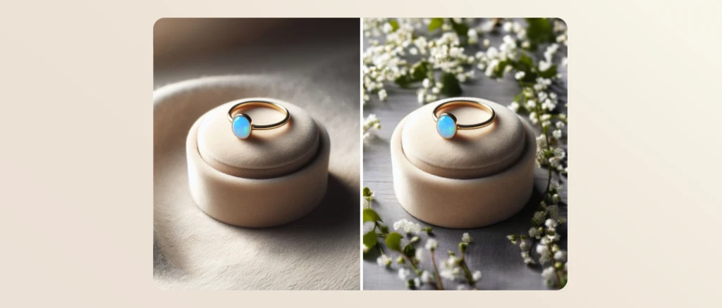 A turquoise ring with a gold band on a velvet beige round jewelry box on a beige blanket on the left and the same turquoise ring with the gold band and beige jewelry box with a new background on the right.