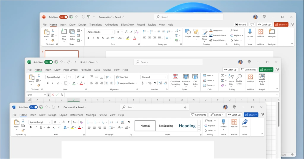 Stacked screen shots of the Home tab in the Word, Excel, and PowerPoint apps