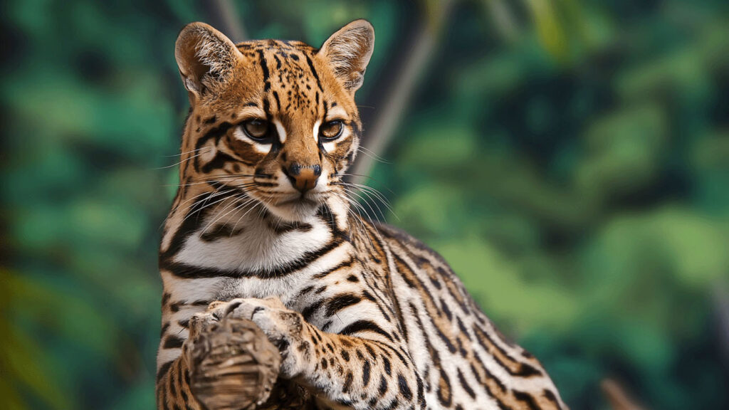 AI for Good - spotted cat against dark green vegetation background