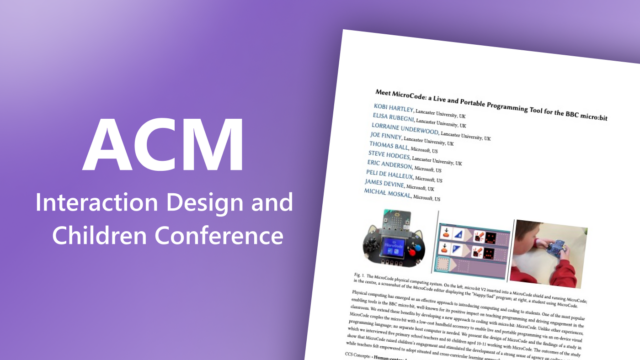 ACM Interaction Design and Children Conference in white to the left of the front page of the publication Meet MicroCode: a Live and Portable Programming Tool for the BBC micro:bit on a purple background