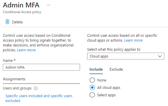 Screenshot showing how to configure the Conditional Access policy in Azure AD.