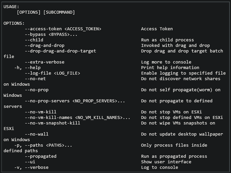 Screenshot of BlackCat ransomware deployment options and subcommands with corresponding descriptions.