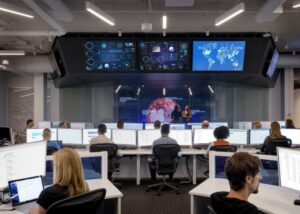 a group of people sitting at a desk in a room