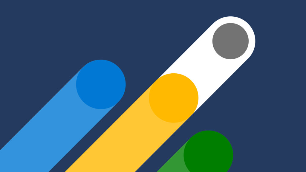 Decorative image of three bars - one blue, one yellow, and one green