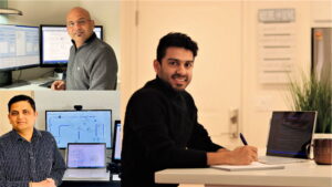 Jain, Rath, and Deshpande are shown working from their home offices in a collage image arrangement.