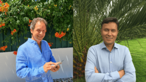 At left, Neirynck smiles at camera with cell phone in hand, and at right, Sarmiento smiles at camera with arms folded in front.