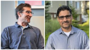 Martin engages in conversation (left), and Kumar Jangir poses outside.