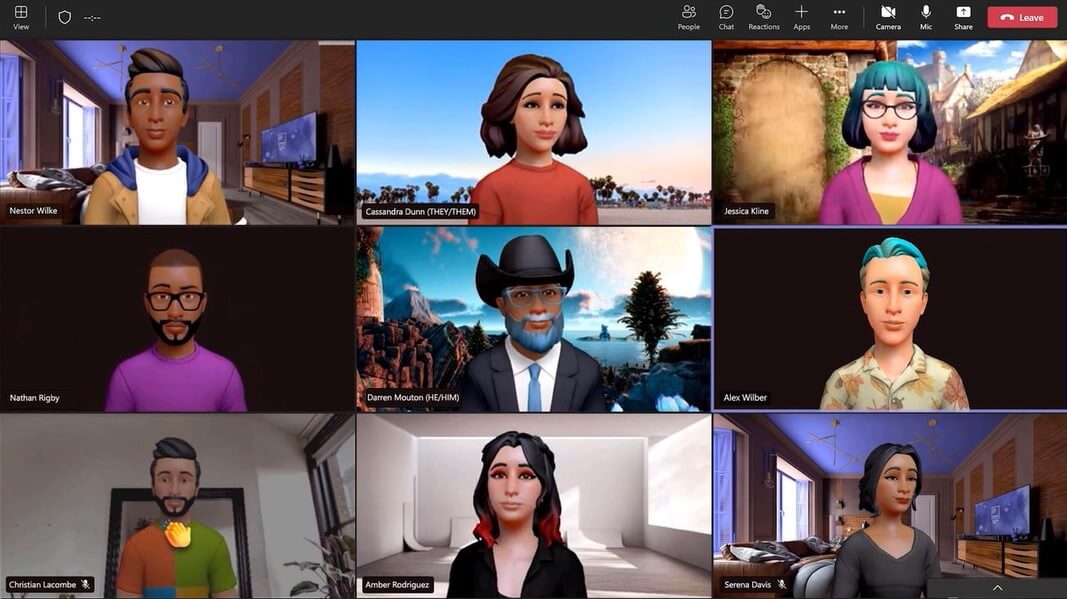 A screenshot of a Microsoft Teams meeting where all nine people attending are using personalized avatars.