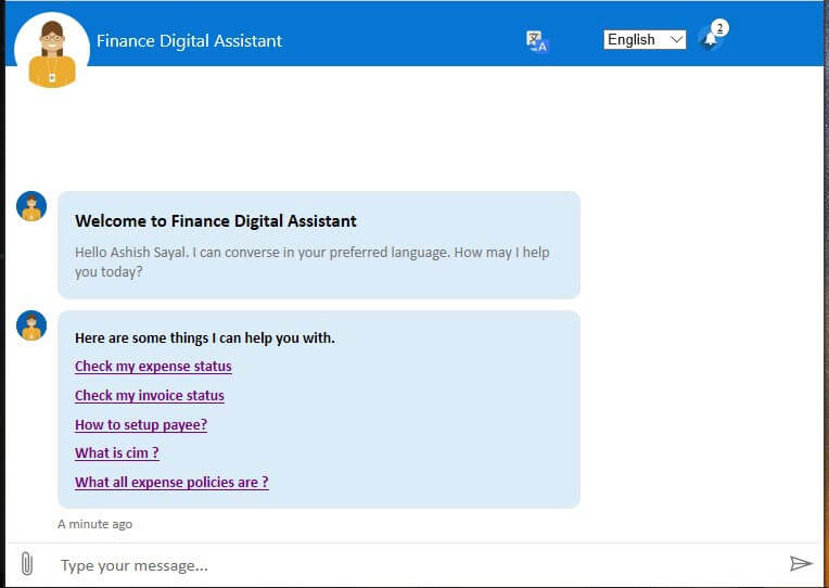 The finance bot is called the finance digital assistant inside Microsoft. The interface appears as a pop-up window which allows the user to chat with the AI driven bot.