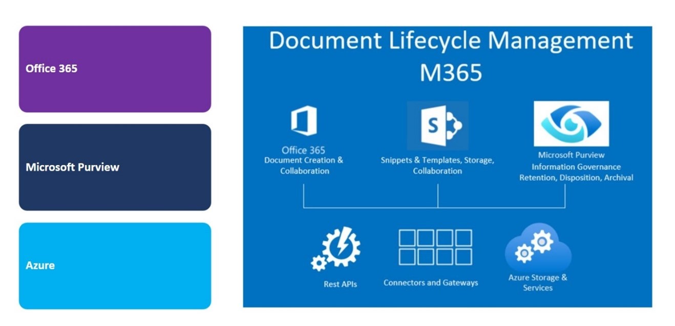 Graphic showing how Office 365, Microsoft Purview, and Microsoft Azure are being used to manage the document lifecycle internally here in Microsoft Digital. 